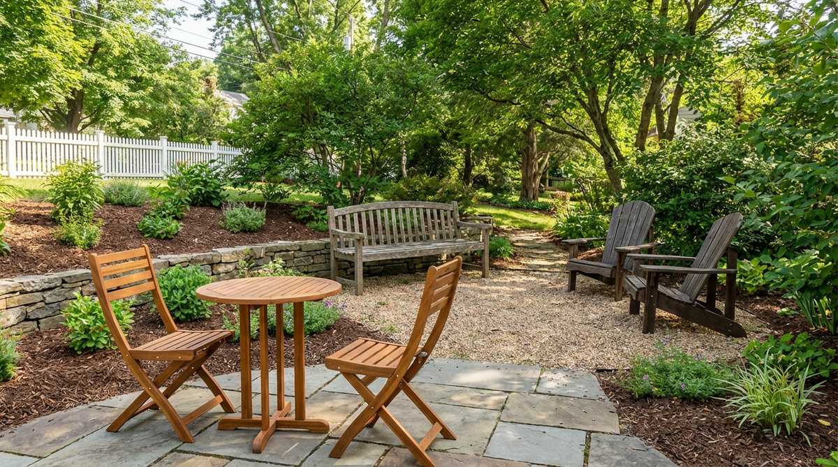A miniature bistro set, bench, and Adirondack chairs arranged to create living spaces within a mini garden, suggesting human scale and habitation, with sealed wooden furniture for weather resistance and strategic placement to guide viewing angles.