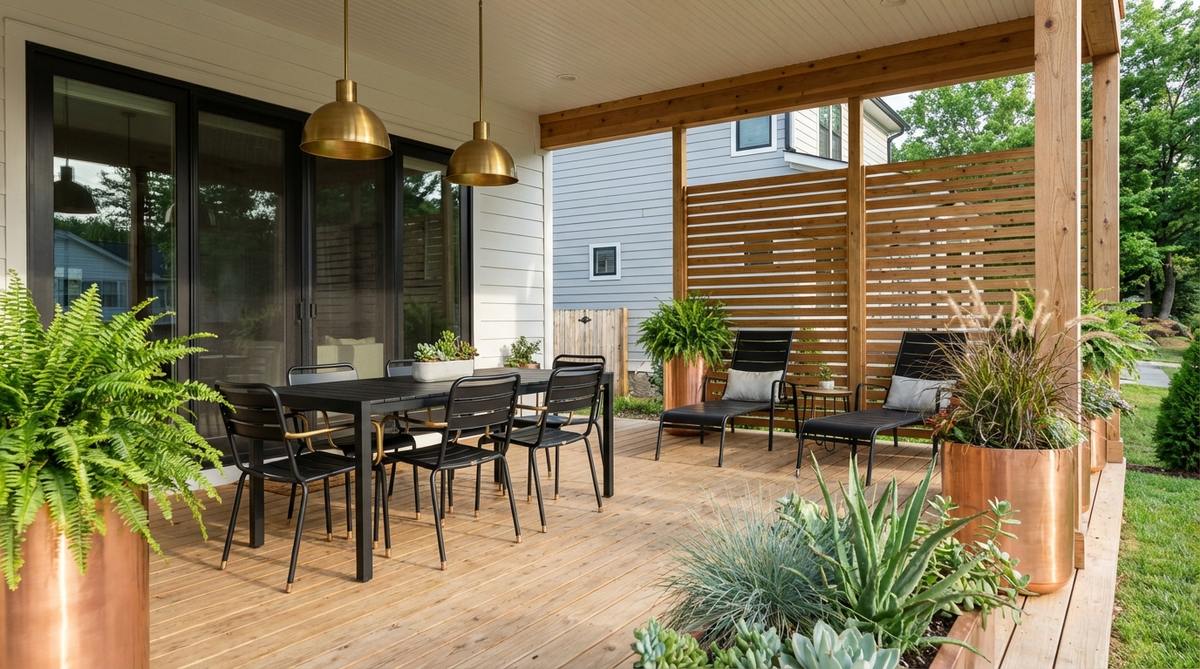 A contemporary outdoor porch featuring matte black furniture with brass or copper accents, complemented by natural wood tones and greenery. Metallics in light fixtures and planters catch sunlight, creating a sophisticated modern or industrial-style aesthetic with clean lines.