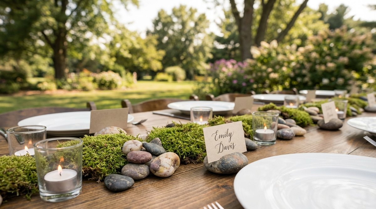 A close-up photo of moss patches and smooth river stones arranged on a wedding table, serving as natural accents for place settings, votive candles, and place card holders, enhancing the garden theme with tactile, low-maintenance decor.