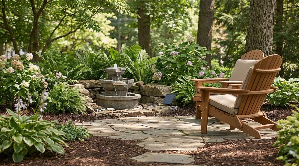 A cozy garden corner featuring tiered decking with multi-level seating platforms, showcasing lounging furniture on an upper level and dining pieces below, creating visual interest and separate zones in a natural setting.