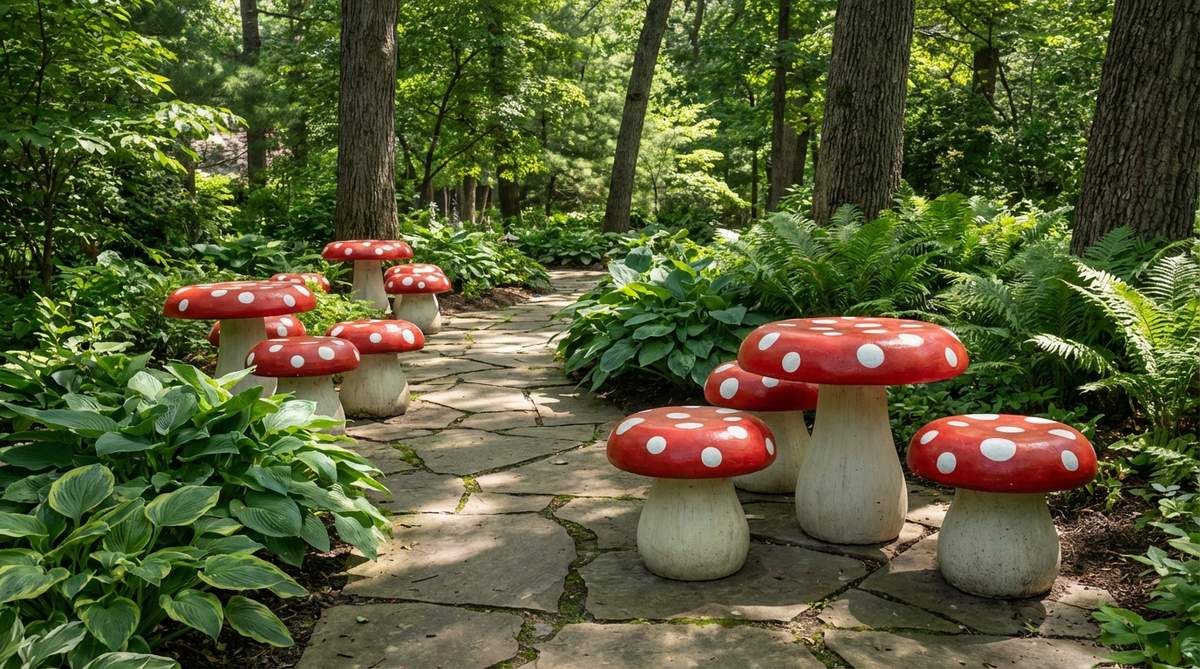 Whimsical oversized toadstool seats with bright red caps and white spots, designed for children's gardens and shaded pathways. Made from durable fiberglass to support adult weight while maintaining a playful fairy tale appearance. Features weather-resistant paints that keep colors vibrant through all seasons, with cap diameters ranging 14-18 inches.