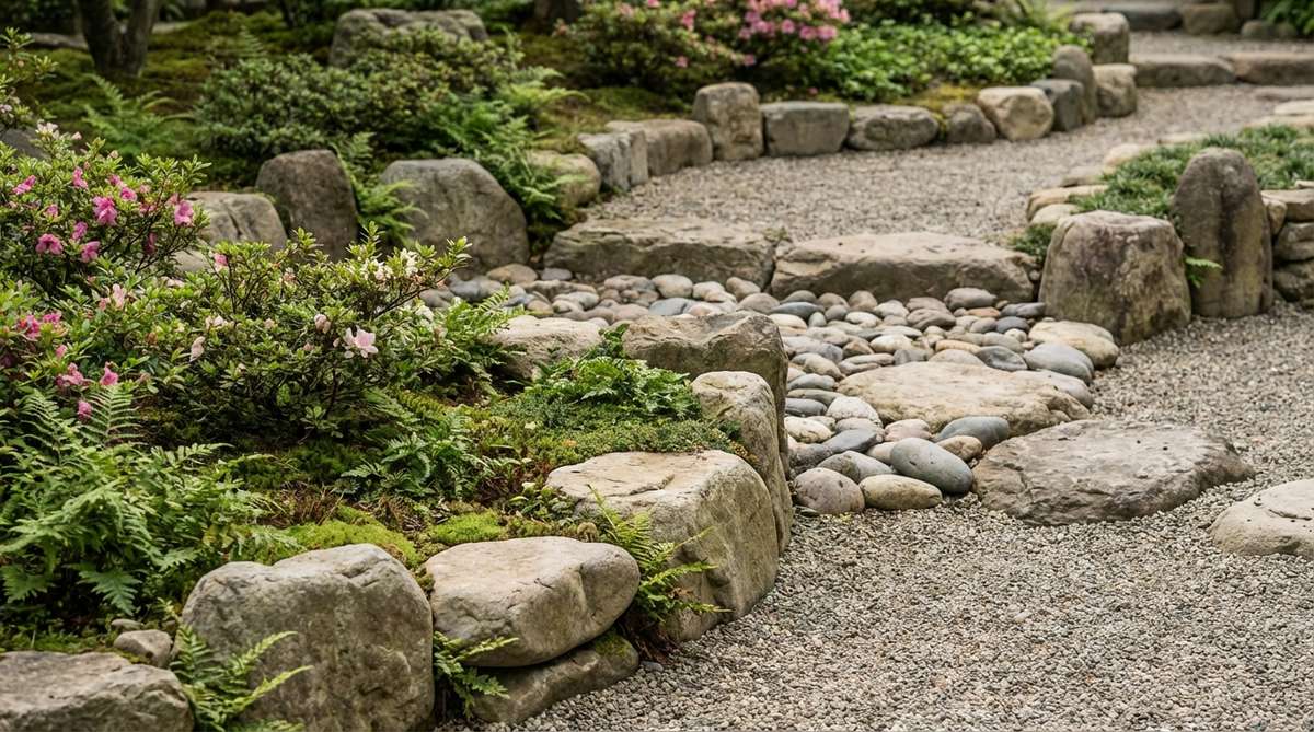 A close-up view of natural stone curbing in a Japanese garden, featuring uncut fieldstones and river rocks arranged to create informal borders between gravel areas and planted beds. The stones vary in size and shape while maintaining a consistent height, positioned in gentle curves to avoid straight lines. Low plants spill over the stones slightly, softening the transition and enhancing organic integration, embodying the serene and harmonious aesthetic of traditional Japanese garden design.