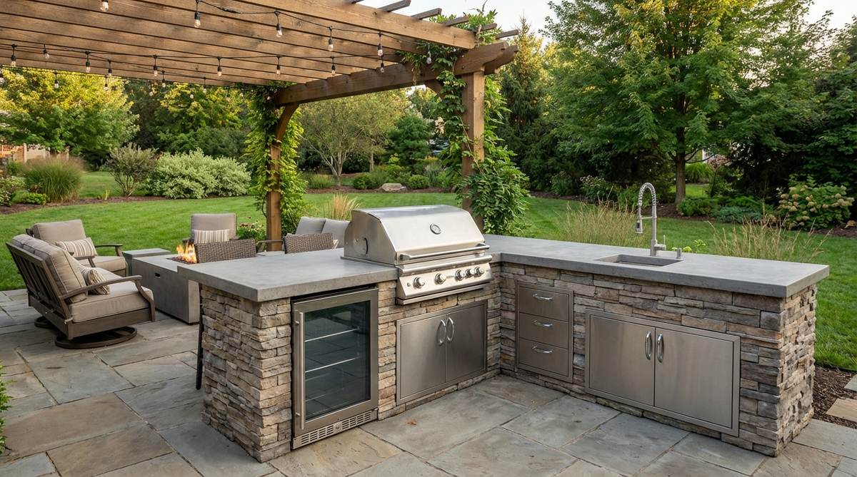 A modern outdoor kitchen station featuring built-in grill, refrigerator, and concrete countertops with stainless steel appliances, positioned near garden seating with overhead lighting and enclosed storage cabinets.