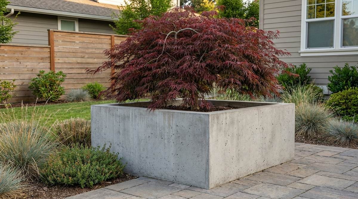 A large rectangular concrete planter box, at least 3x3 feet in size, containing a specimen Japanese maple tree or sculptural agave, showcasing bold proportions and architectural plant forms in modern garden design.