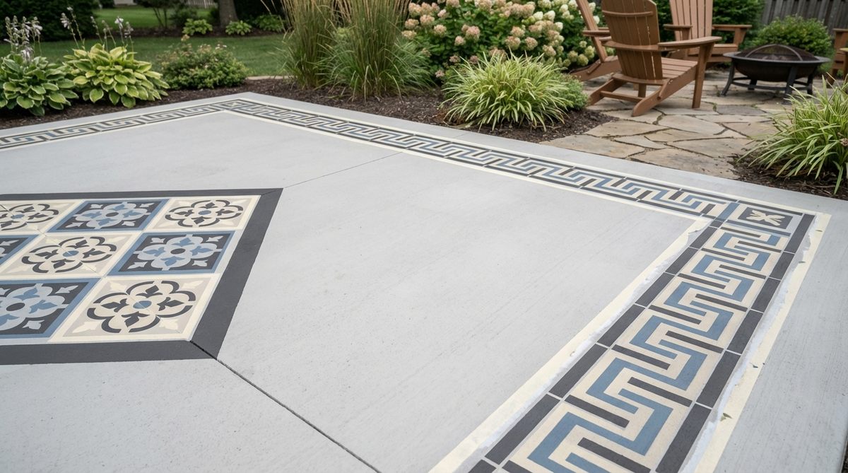 A close-up photo showing geometric stenciled designs painted on an outdoor concrete patio surface, with crisp lines created using painter's tape. The painted patterns include faux tile effects and decorative borders, demonstrating how painted concrete can refresh dated outdoor spaces. The surface appears clean and primed, with a sealed finish for durability.