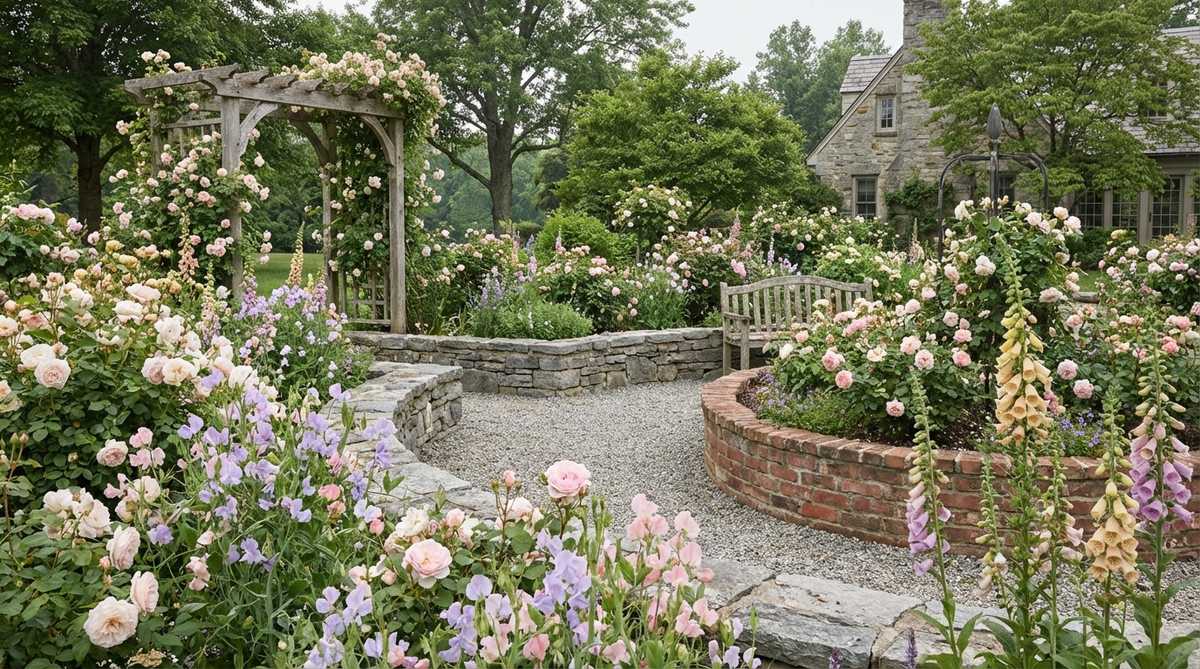 A soft pastel garden scene featuring roses, sweet peas, and foxgloves in muted pinks, lavenders, and pale yellows, harmonizing with gray stone, weathered wood, and aged brick hardscaping under diffused light conditions, evoking a nostalgic cottage aesthetic.
