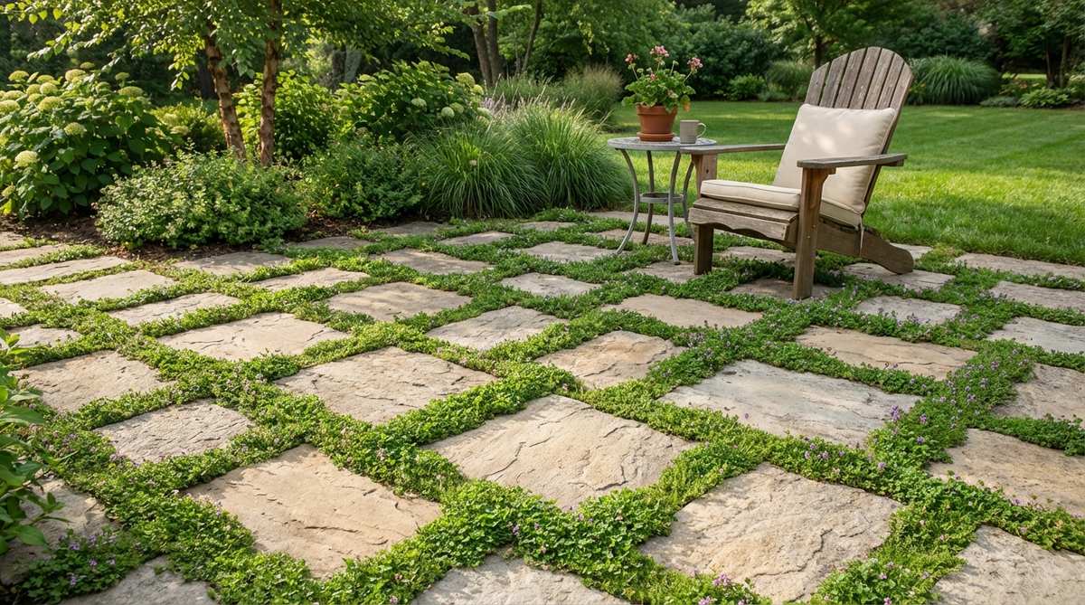 A close-up photo showing pavers spaced 2-4 inches apart with lush green grass or low groundcover like creeping thyme filling the joints, creating a checkerboard effect that blends hardscape with planting. The image highlights the permeable design that reduces stormwater runoff and softens the visual impact, suitable for a casual, garden-integrated aesthetic in small patio settings.