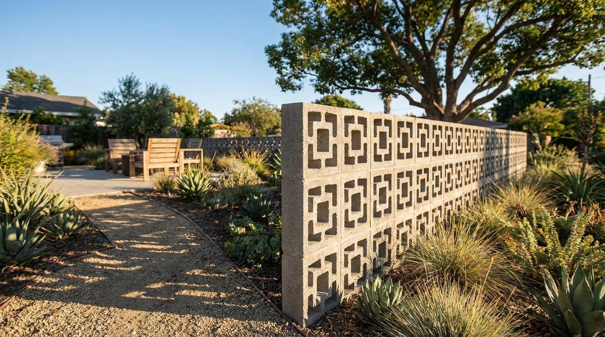 A decorative perforated concrete block screen used as a small garden fence, featuring geometric cutouts that filter views, allow air circulation, and create interesting shadow patterns. Ideal for mid-century modern landscapes, it can be painted in bold colors or left natural grey for industrial aesthetics.
