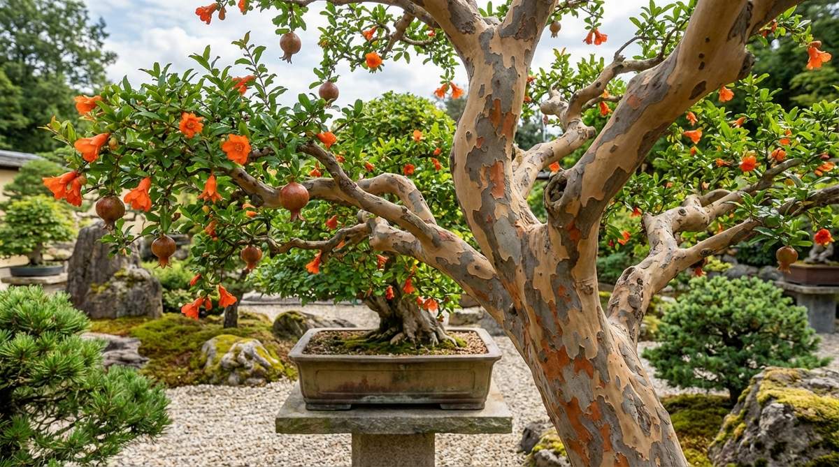 A close-up view of a pomegranate bonsai tree (Punica granatum) in a Japanese garden setting, showcasing its smooth tan bark that flakes to reveal mottled undertones, creating natural camouflage patterns. The tree features miniature orange flowers and scaled-down fruit, with dwarf cultivars maintaining perfect proportions without extreme size reduction.