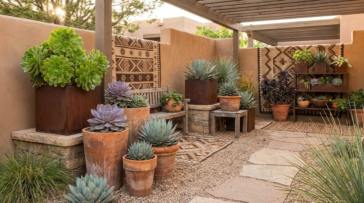 A collection of potted succulents in jade green, dusty purple, and silver-blue hues, arranged in rust-colored metal or terracotta containers at varying heights, showcasing sculptural forms and minimal water needs for a sustainable desert aesthetic in Afro Boho decor.