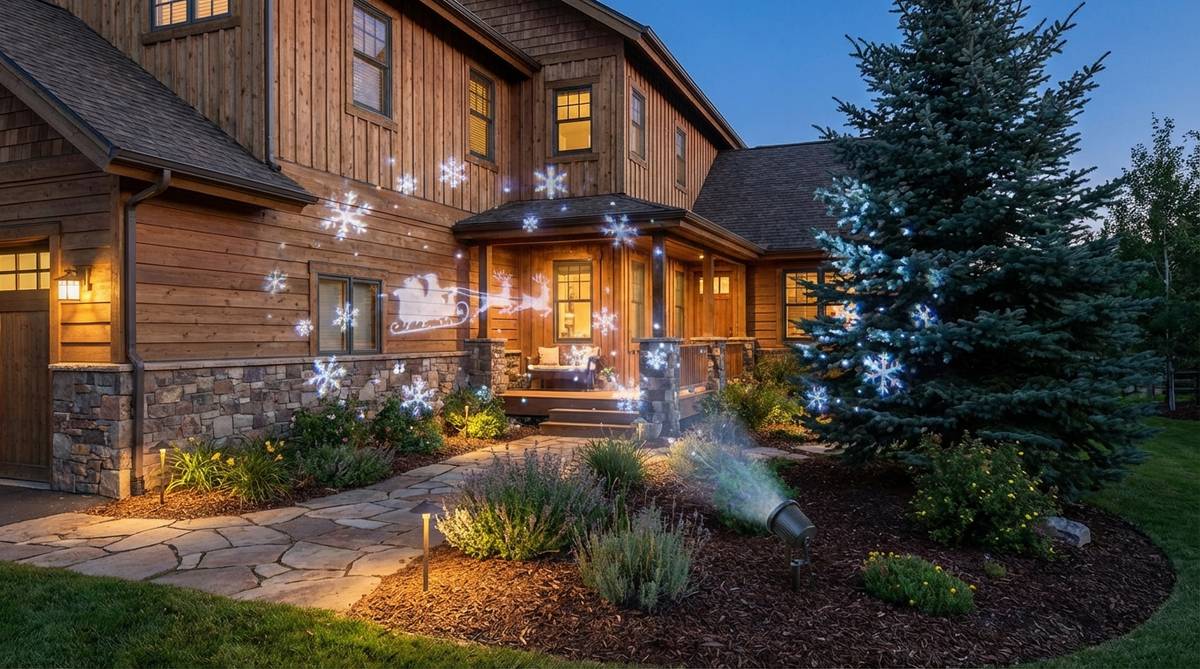 LED projector casting animated snowflakes and holiday scenes onto a home facade for dynamic outdoor Christmas decor without physical installation.