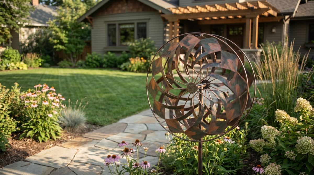 A vintage-style metal wind spinner with geometric patterns and metallic finish, creating mesmerizing kinetic movement and light reflection in garden settings. This atomic age-inspired sculpture catches breezes to spin and reflect sunlight throughout the day.