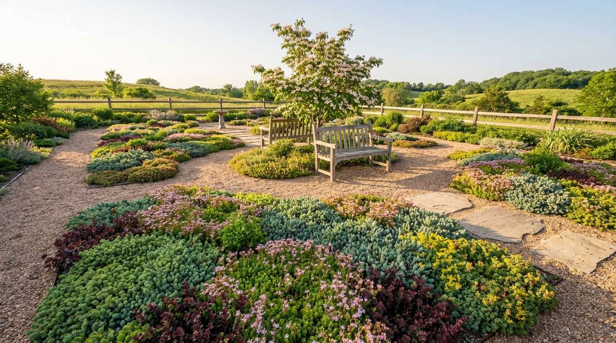 Low-growing sedum varieties forming spreading mats 2-4 inches tall with succulent green, blue, or burgundy foliage and star-shaped summer flowers. Ideal for rock gardens, green roofs, and drought-tolerant landscaping in full sun with sharp drainage.