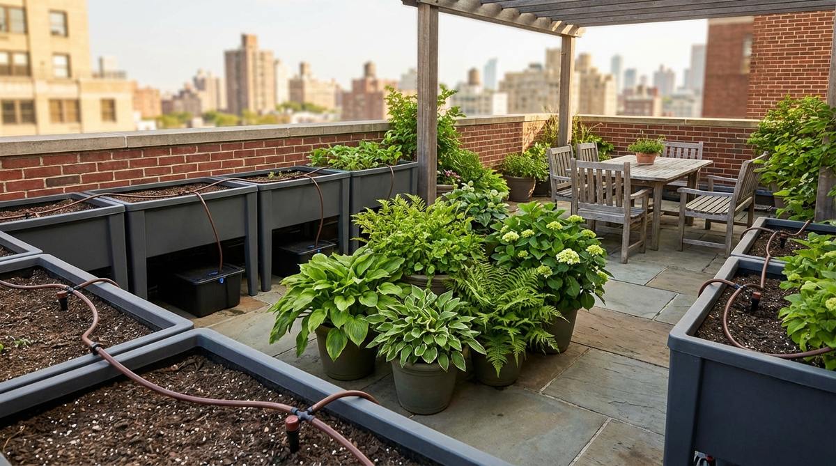 A technical illustration showing a self-watering system layout for an urban balcony garden, featuring containers with built-in water reservoirs, drip irrigation lines, and grouped plants with similar water needs to reduce maintenance and automate watering.