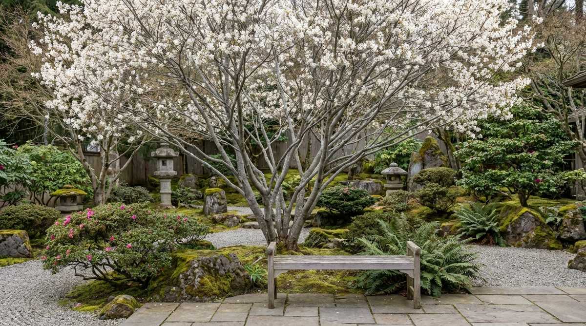 A serviceberry tree (Amelanchier species) in a Japanese garden, showcasing its delicate white spring flowers that create a soft, cloud-like effect against bare branches. The tree displays multi-season interest with edible purple-black berries favored by birds, fall foliage in yellow, orange, and red hues, and smooth gray bark with ornamental striations. Growing 15-25 feet tall, this adaptable native thrives in partial shade across zones 4-9, bridging native plant landscapes and Japanese design aesthetics.