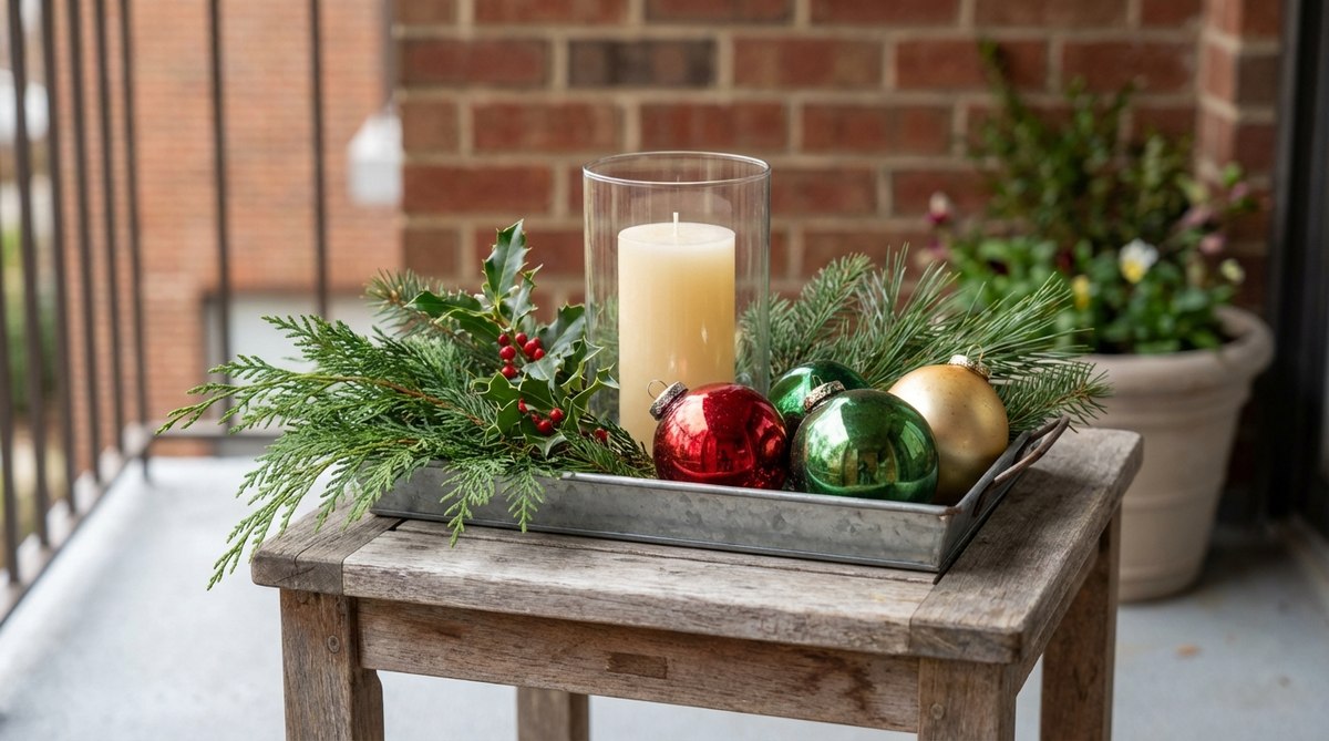 A curated holiday vignette on a small side table, featuring candles, greenery, and ornaments arranged in a triangular composition with varied heights. Includes a medium-height candle, evergreen sprigs, and graduated ornaments on a weatherproof tray for balcony Christmas decor.