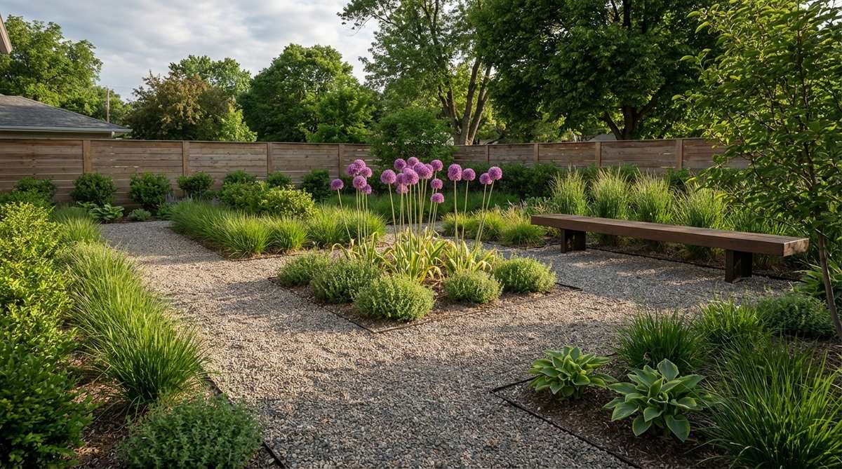 A minimalist garden featuring purple allium flowers rising from gravel, creating a dramatic focal point with a single color accent against a restrained green palette.