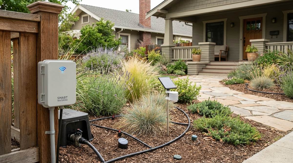 A modern smart irrigation system with WiFi-enabled controllers and drip irrigation in a front yard garden, optimizing watering based on weather and soil conditions to conserve water and enhance plant health.