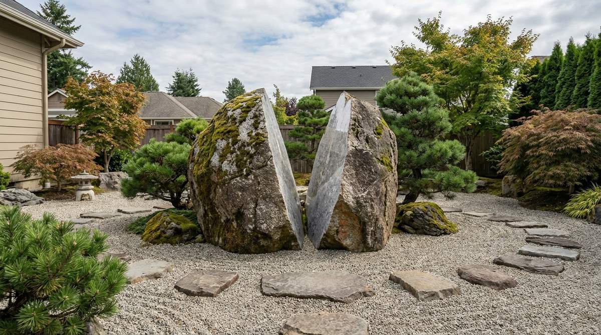 A dramatic presentation of a split boulder in a Zen garden, showing both the weathered external surface and the fresh internal structure, symbolizing revelation and inner truth.