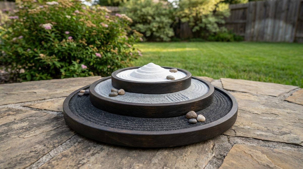 A mini zen garden featuring three stackable circular trays in 4, 6, and 8-inch diameters that create a terraced mountain landscape. The dark sand in the lower tier gradually transitions to white sand at the summit, visualizing altitude color shifts. Each tier can be rotated independently to generate new spatial relationships between levels.