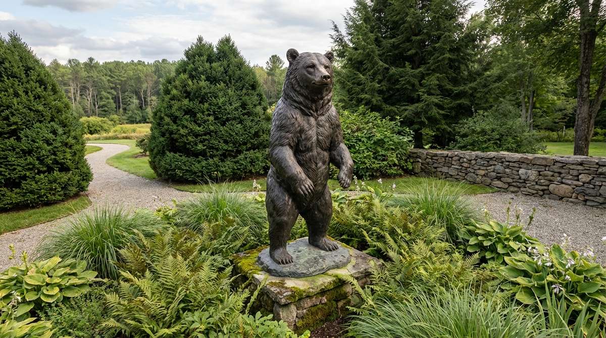 A life-size standing bear garden sculpture reaching six feet tall, featuring realistic fur texture and facial details. This commanding piece creates a focal point in large properties, estate gardens, or wilderness-themed landscapes where the wildlife reference feels geographically appropriate.