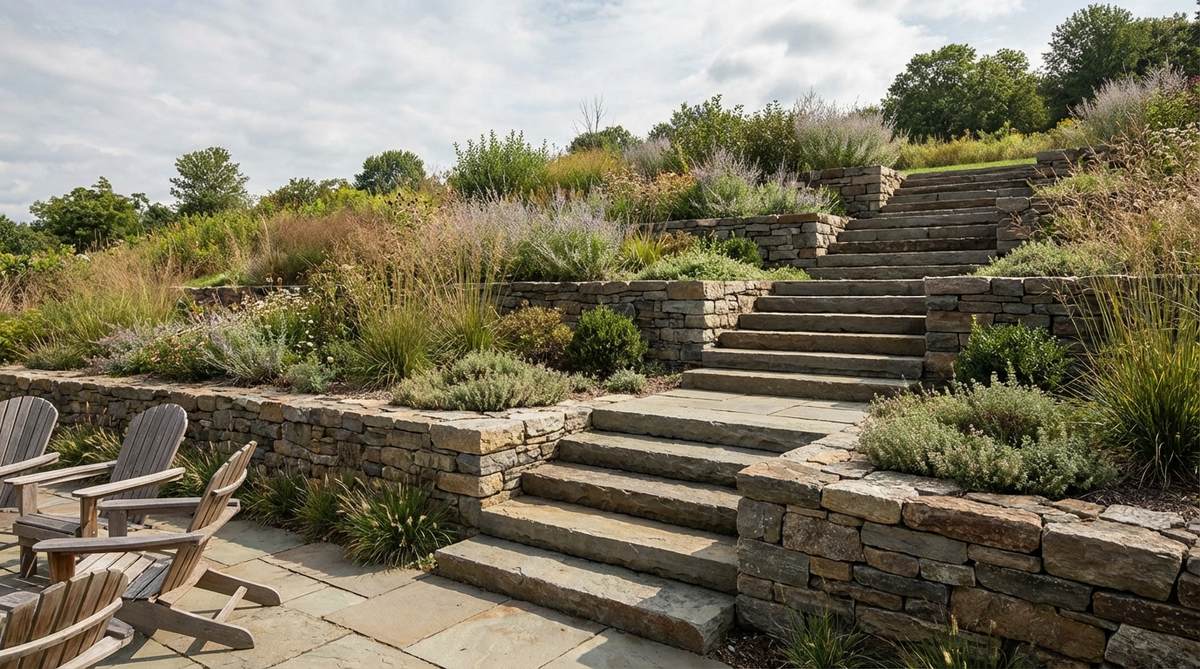 A stone garden design featuring a stepped hillside transition, where stone steps are seamlessly integrated into retaining walls for efficient grade changes. The structure showcases deep treads and risers for comfortable climbing, with wall stones extended into the step construction to create a unified and visually cohesive appearance, reducing material needs and clutter.