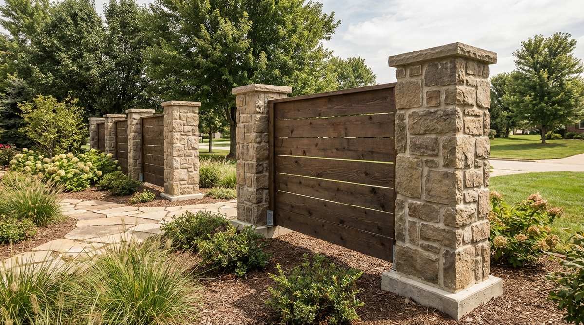 A garden fence featuring substantial stone columns spaced every 6-8 feet that support horizontal wood panels, creating architectural rhythm along fence lines. The construction shows traditional stone piers on concrete footings with wood panels anchored to embedded metal brackets.