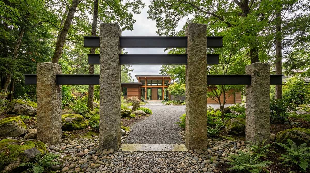 A Japanese garden gate featuring natural stone pillars supporting modern steel crossbeams, blending geological permanence with industrial precision. This hybrid construction mediates between contemporary architecture and naturalistic landscapes, emphasizing transition between natural garden and human habitation.
