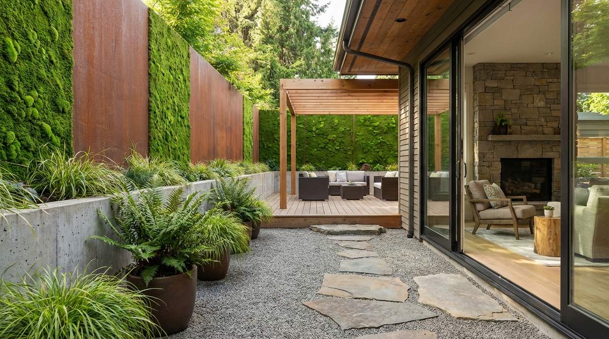 High-quality synthetic moss panels installed on vertical surfaces in a modern Japanese garden, providing a verdant appearance without irrigation or light requirements. Ideal for indoor-outdoor transition zones and challenging microclimates where living moss struggles.