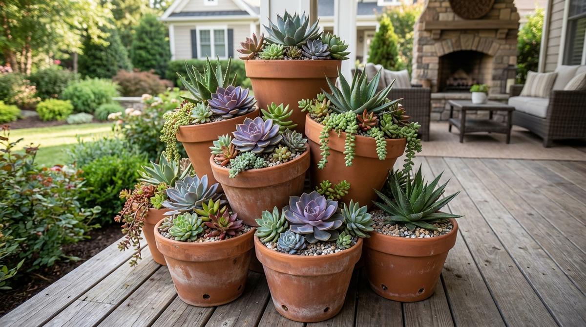 A tiered arrangement of graduated terracotta pots stacked at angles, planted with various succulent varieties for color variation, providing excellent drainage and airflow to prevent root rot, ideal for balcony decor.