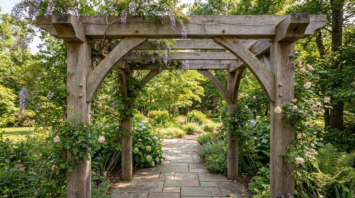 A rustic timber frame arbor entry showcasing heavy timber construction with traditional mortise-and-tenon joinery and visible oak dowels. The rough-sawn wood surfaces display natural weathering and checking, creating architectural gravitas for garden entrances while supporting climbing plants.