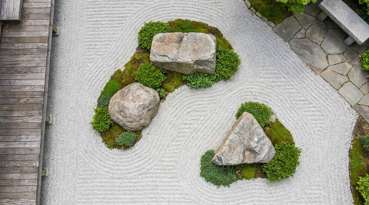 A top-down view of three stones arranged in an irregular triangle formation within a Japanese Zen garden, illustrating the principle of visual stability through geometric foundation. The stones' positions create an invisible triangular framework that provides balance to the composition without appearing overtly geometric.