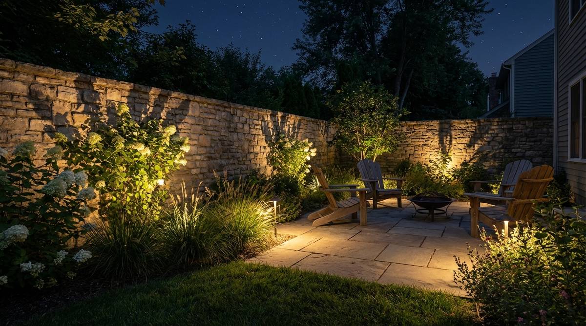 A small garden at night with ground-level LED fixtures uplighting a boundary wall, creating a soft white glow that highlights textures and visually extends the space beyond physical limits, mimicking natural moonlight.
