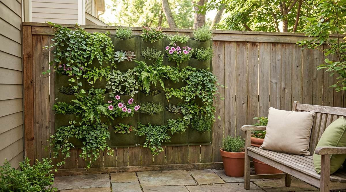 A lush vertical garden panel installed on a fence or wall, featuring modular pockets with a mix of trailing and upright plants, ideal for compact patios and balconies to maximize greenery without using floor space.