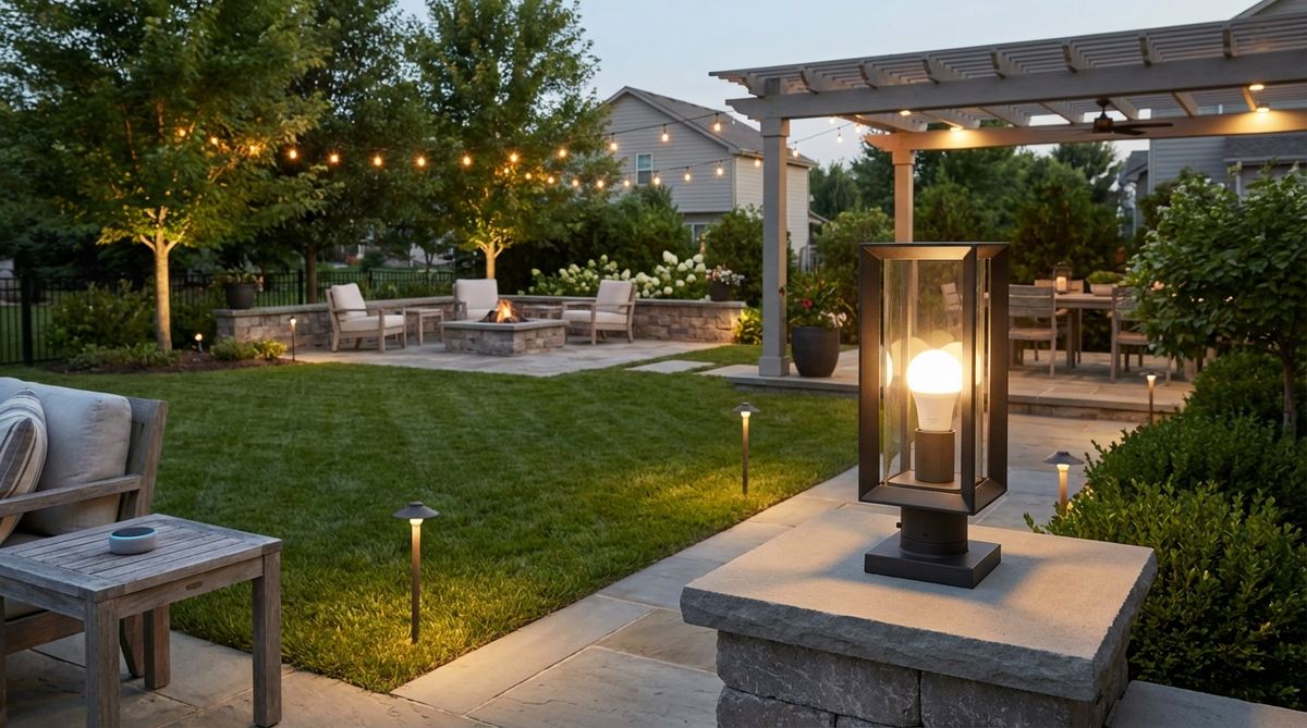 Modern voice-controlled smart bulbs installed in outdoor lighting fixtures, showcasing hands-free control via Alexa or Google Assistant for adjusting brightness, color, and scheduling in landscape lighting setups.