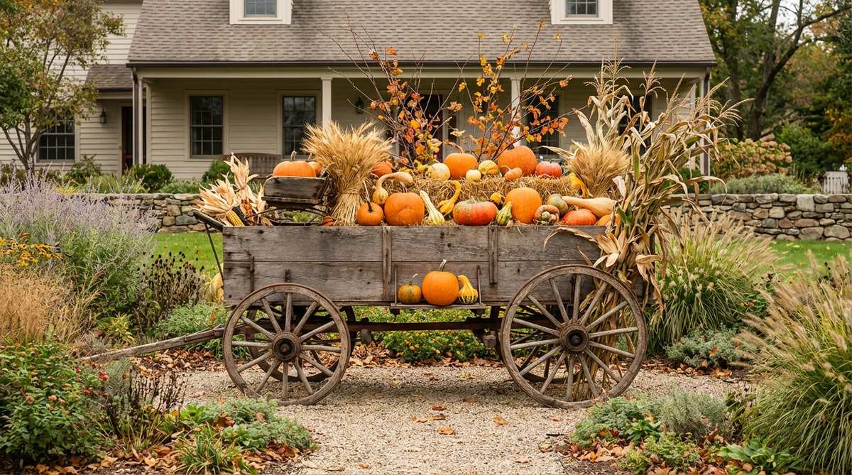 A vintage wooden wagon filled with pumpkins, gourds, dried wheat sheaves, corn stalks, and autumn branches, arranged in layers for a mobile harvest display in outdoor fall decor.