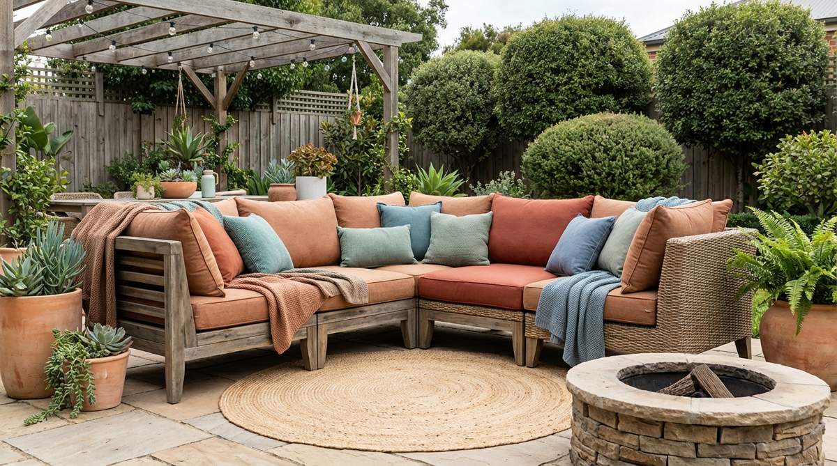 A boho-style living area showcasing temperature mixing with warm terracotta cushions and cool teal throws on a sofa, illustrating visual equilibrium and the 70-30 rule for color balance.