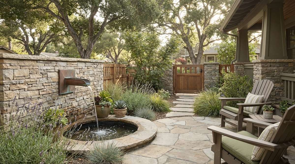 A compact water fountain or wall-mounted spout creating a tranquil atmosphere in a small front garden, demonstrating how water features can add luxury and value to limited outdoor spaces.