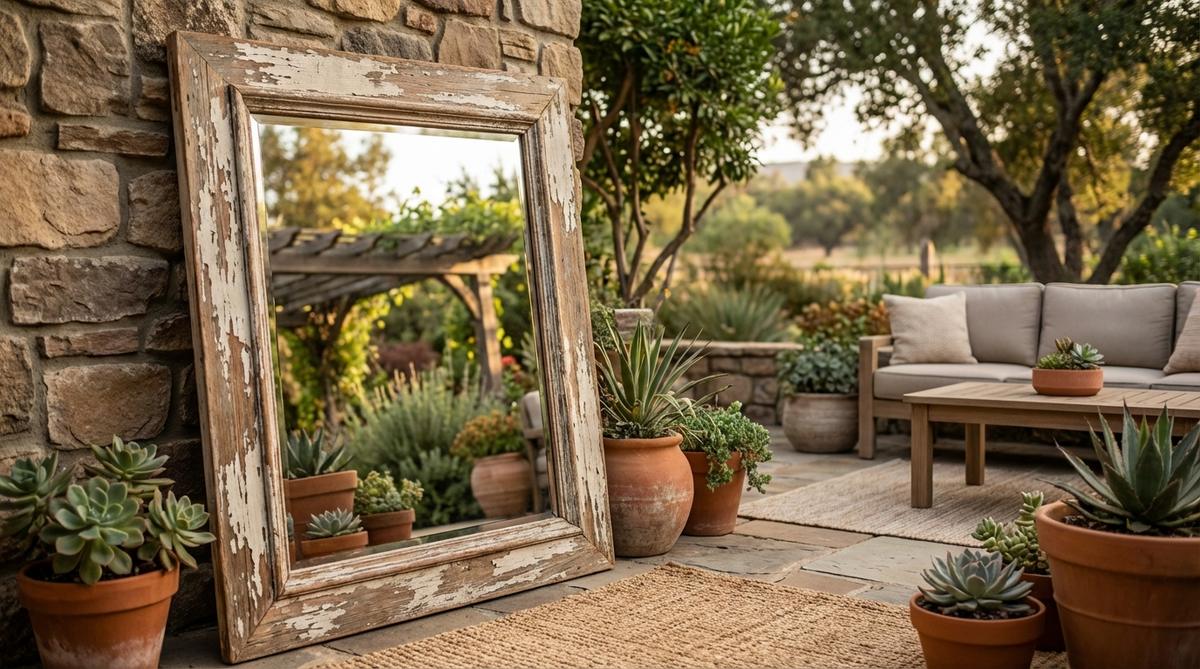 A weathered wood mirror with a distressed frame and visible wood grain, reflecting natural light to expand visual space in an earthy boho decor setting. Ideal for hanging above consoles or leaning against walls to add rustic texture and maintain material consistency.