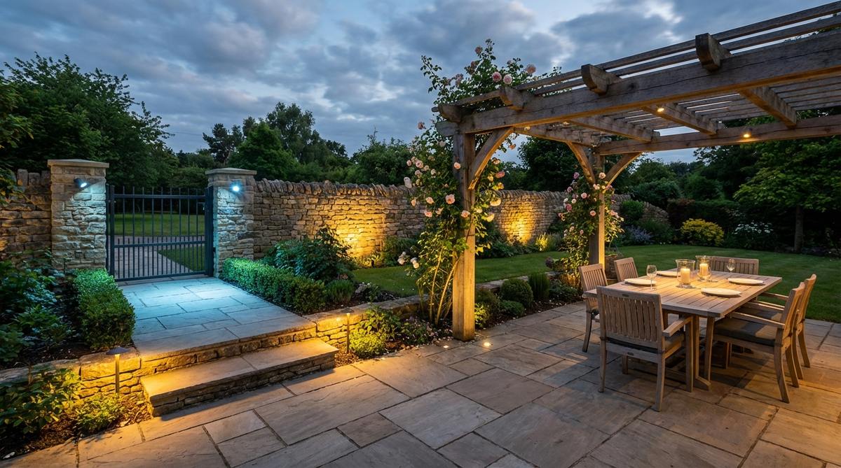 Smart WiFi-controlled spotlights for garden decor, allowing adjustment of color temperature, intensity, and beam angle via mobile apps. Ideal for entry gardens and patios, enabling scene presets and daily schedules to transition from warm white for dining to cool white for security.