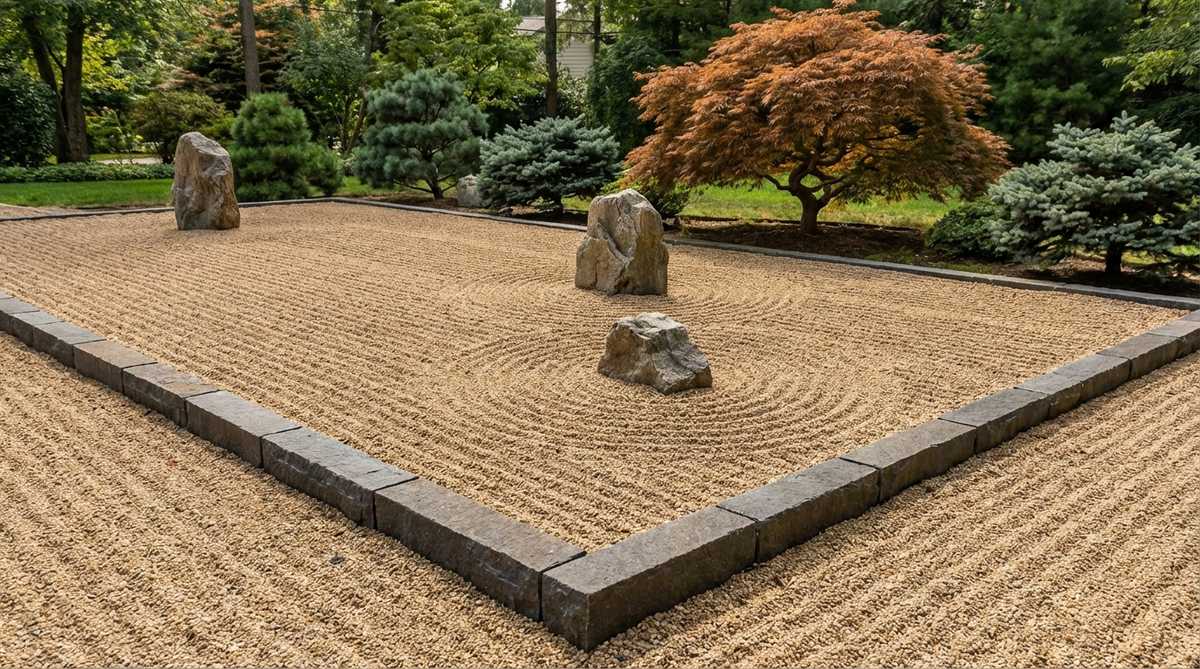 A minimalist stone garden edging design featuring precisely placed accent stones surrounded by raked gravel in a Japanese dry garden style. The composition emphasizes form, texture, and negative space with asymmetrically positioned feature stones within a gravel bed edged with cut stone or buried steel, showcasing parallel lines or concentric circles raked into decomposed granite for a meditative and serene landscape effect.