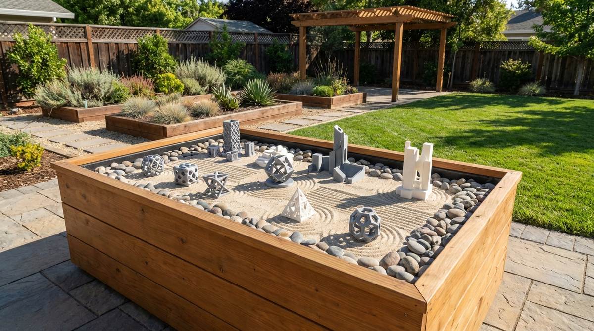 Digital files for 3D-printed miniature structures like modern architecture, fantasy landscapes, or abstract geometric forms that can be printed at home or in a makerspace for customizing a mini zen garden.