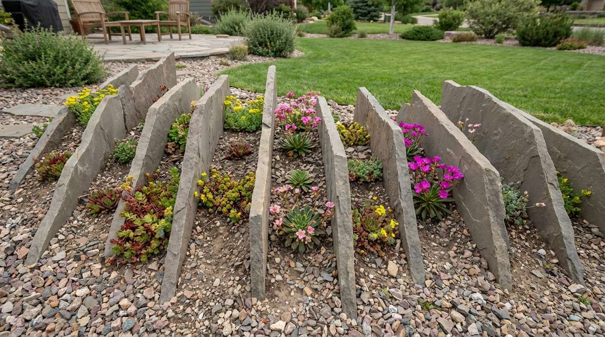 Vertical stone slabs positioned 4-8 inches apart create narrow planting slots for alpine and rock garden plants like saxifrages, lewisias, and sedums, serving as both garden edging and specialized growing conditions that mimic alpine scree habitats.