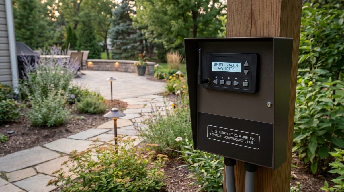 A modern astronomical timer system for outdoor decor lights, featuring GPS-coordinated controllers that automatically adjust activation schedules based on sunset times throughout the year. The system includes pre-programmed dimming curves for energy conservation and intelligent operation that maintains consistent twilight activation regardless of daylight saving transitions.
