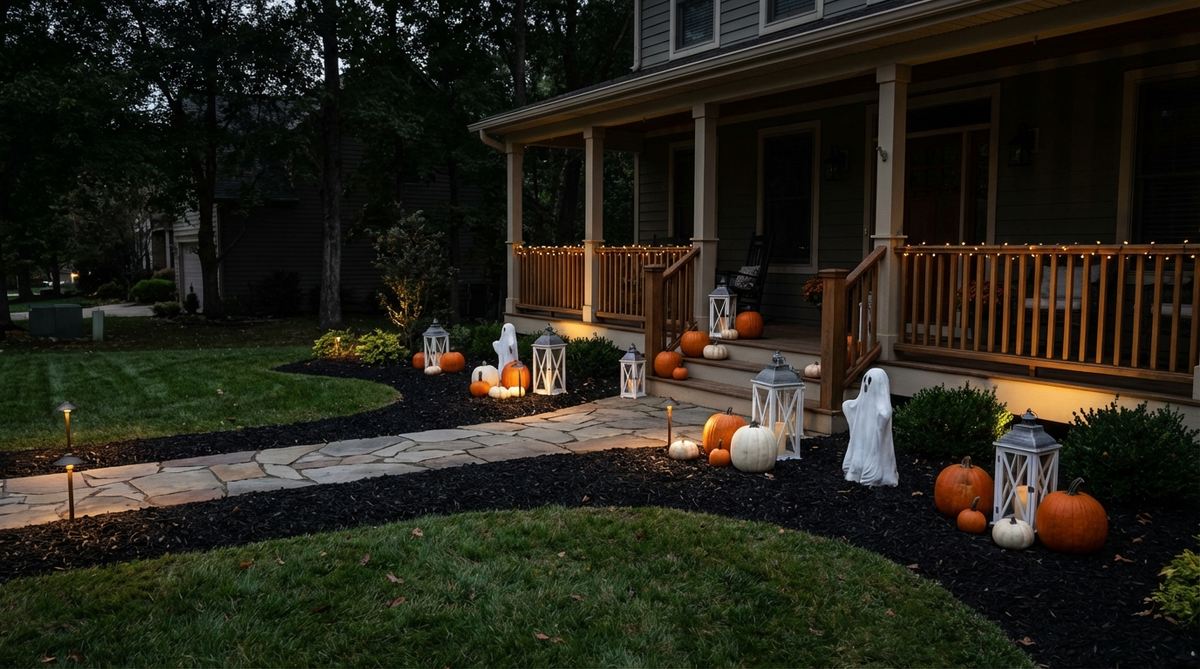 A Halloween garden scene showing fresh black mulch in garden beds creating striking contrast with orange pumpkins and white decorative elements. The dark background makes the festive decorations pop, especially at dusk, with visible front beds around a porch and pathway.
