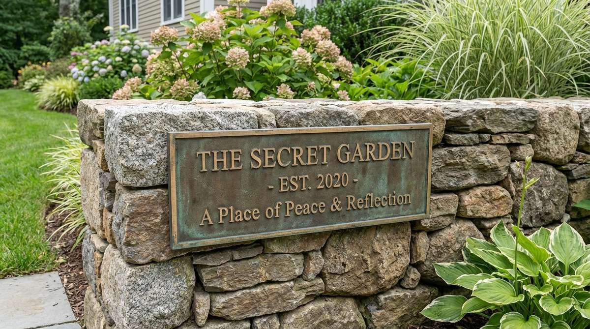 A cast bronze plaque mounted on a stone wall in a garden setting, displaying fine detailed lettering that commemorates the garden or displays inspirational text. The natural bronze patina adds character while maintaining legibility, positioned at a comfortable reading height for visitors.