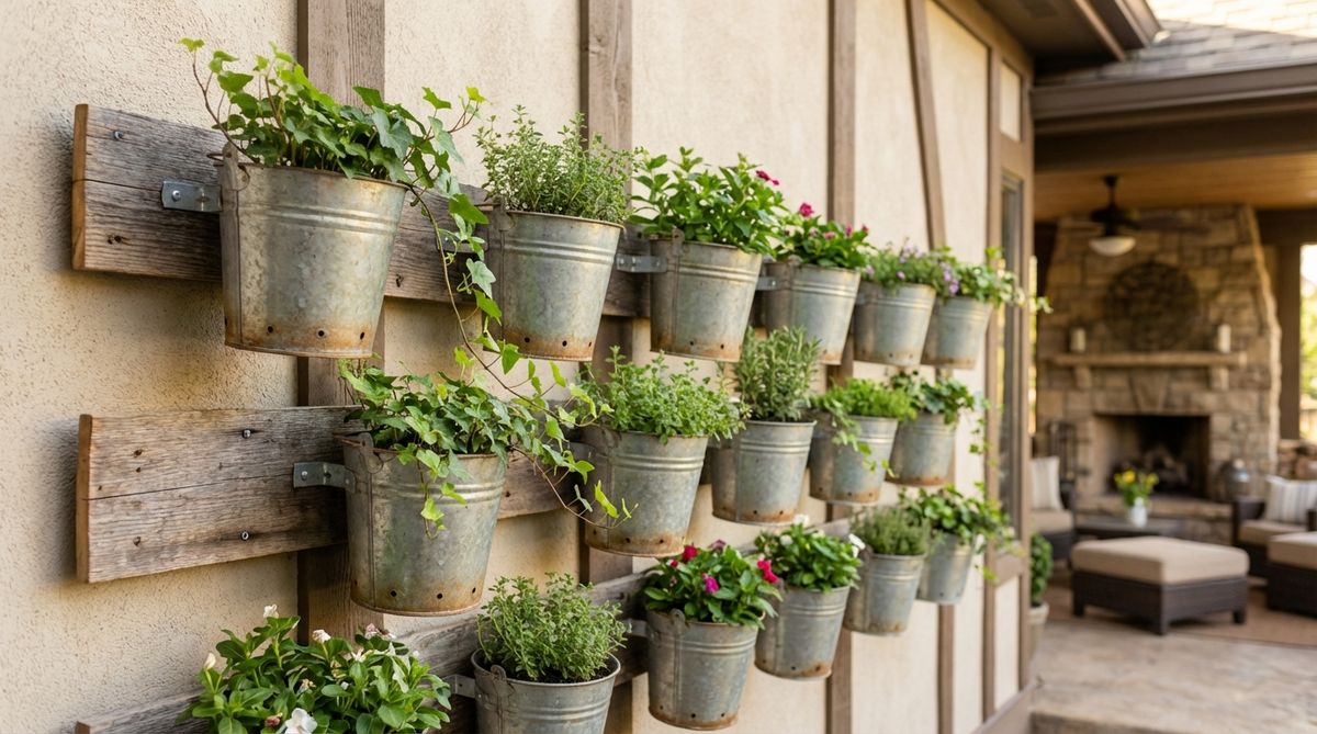 Small metal buckets mounted on boards create farmhouse-style planter arrangements for balcony decor walls, featuring drainage holes, rust-resistant coatings, and galvanized finishes that develop patinas over time.