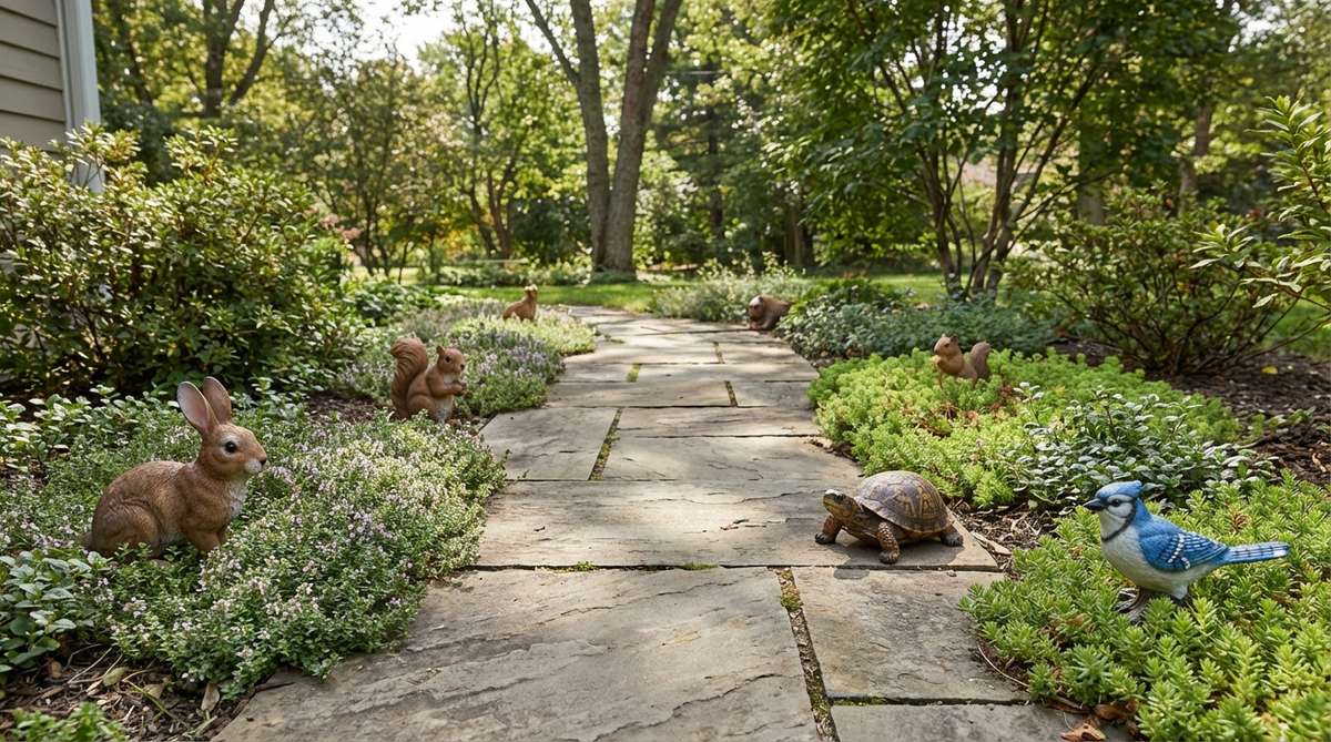 Realistic ceramic animal miniatures including rabbits, squirrels, turtles, and songbirds in 4-8 inch scale, positioned along garden pathways and tucked into groundcovers for seasonal garden discovery.