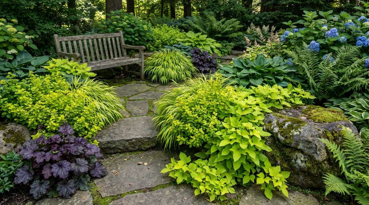A close-up photo showing lime-green foliage plants such as golden oregano, Bowles golden sedge, and chartreuse sweet potato vine used as strategic accents in a shaded cottage garden. The image highlights how these chartreuse plants brighten the area, enliven combinations of stronger colors, and provide visual rest between saturated tones, adding a contemporary edge to traditional plantings.