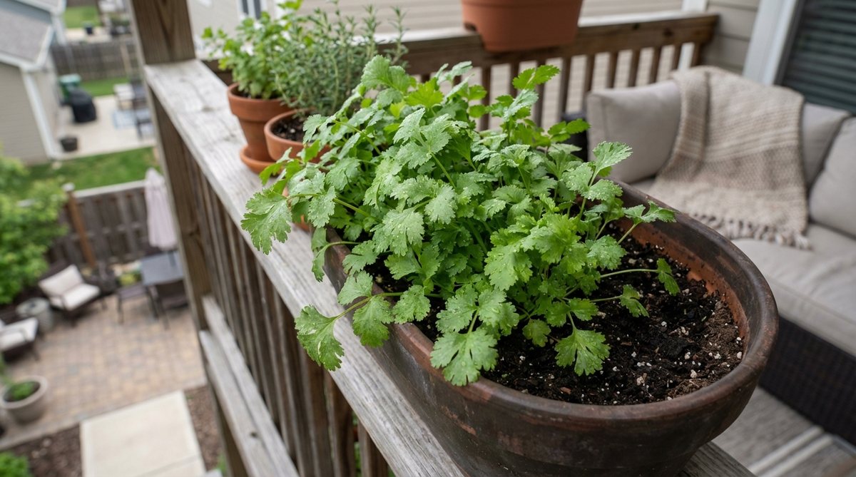 A close-up image of fresh cilantro leaves growing in a balcony garden pot, showcasing its vibrant green foliage ideal for Mexican and Asian cuisines, with tips on planting in cool seasons and partial shade for optimal growth.